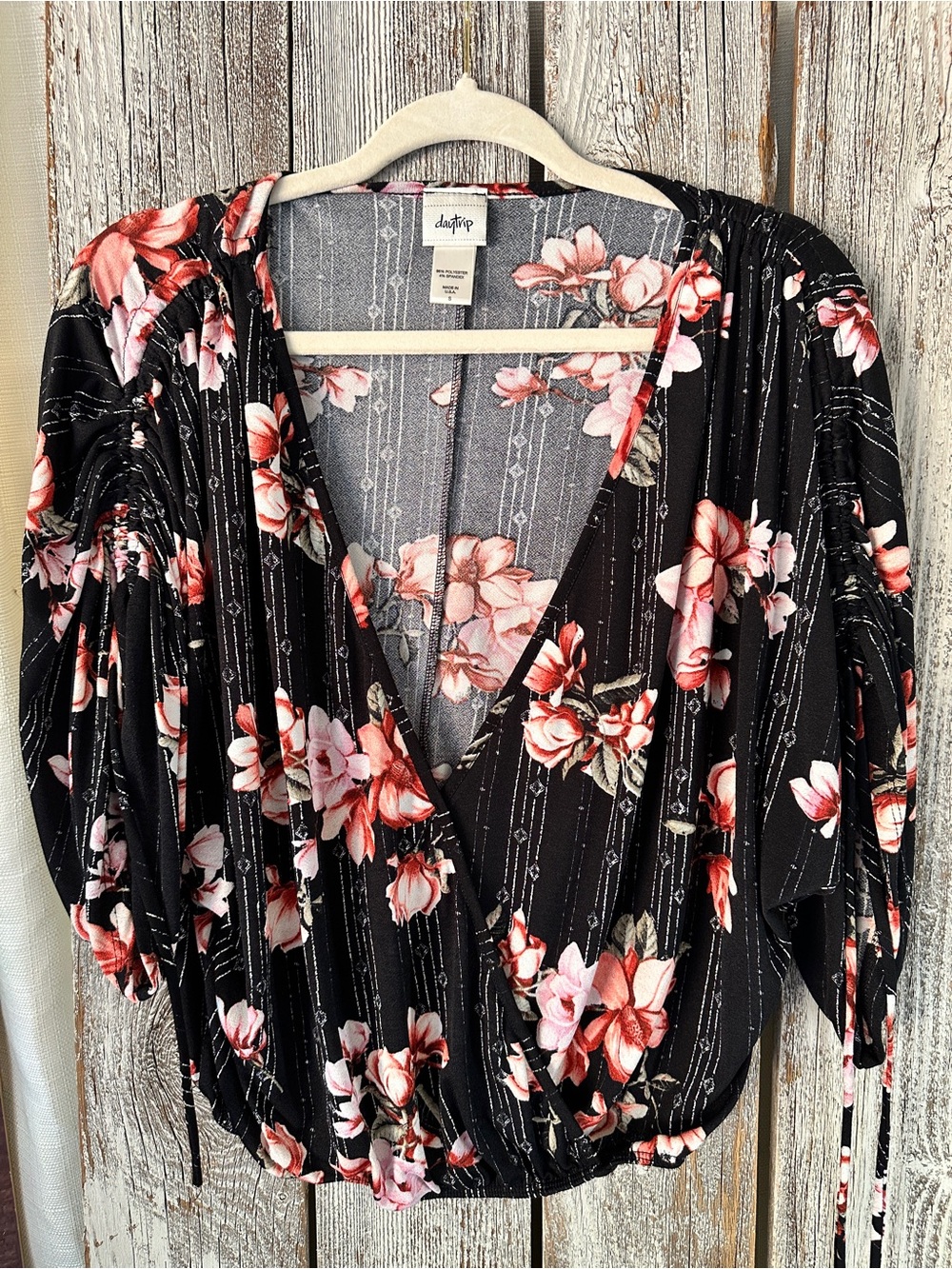 Daytrip Black Wrap Blouse with Pink Floral Print